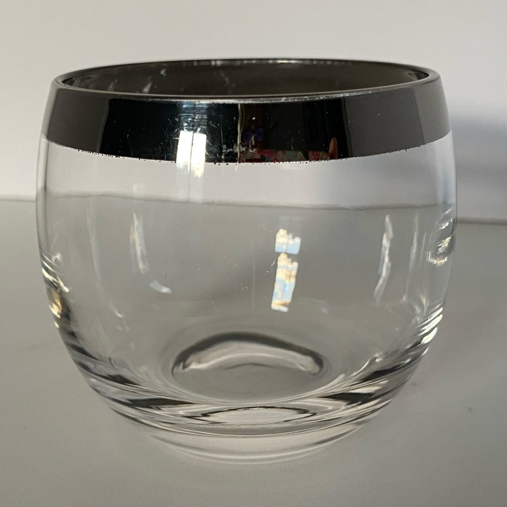 Vintage Roly Poly Wide Silver Band Bar Glass Mad Men 2.75” Tall & wide cocktail
